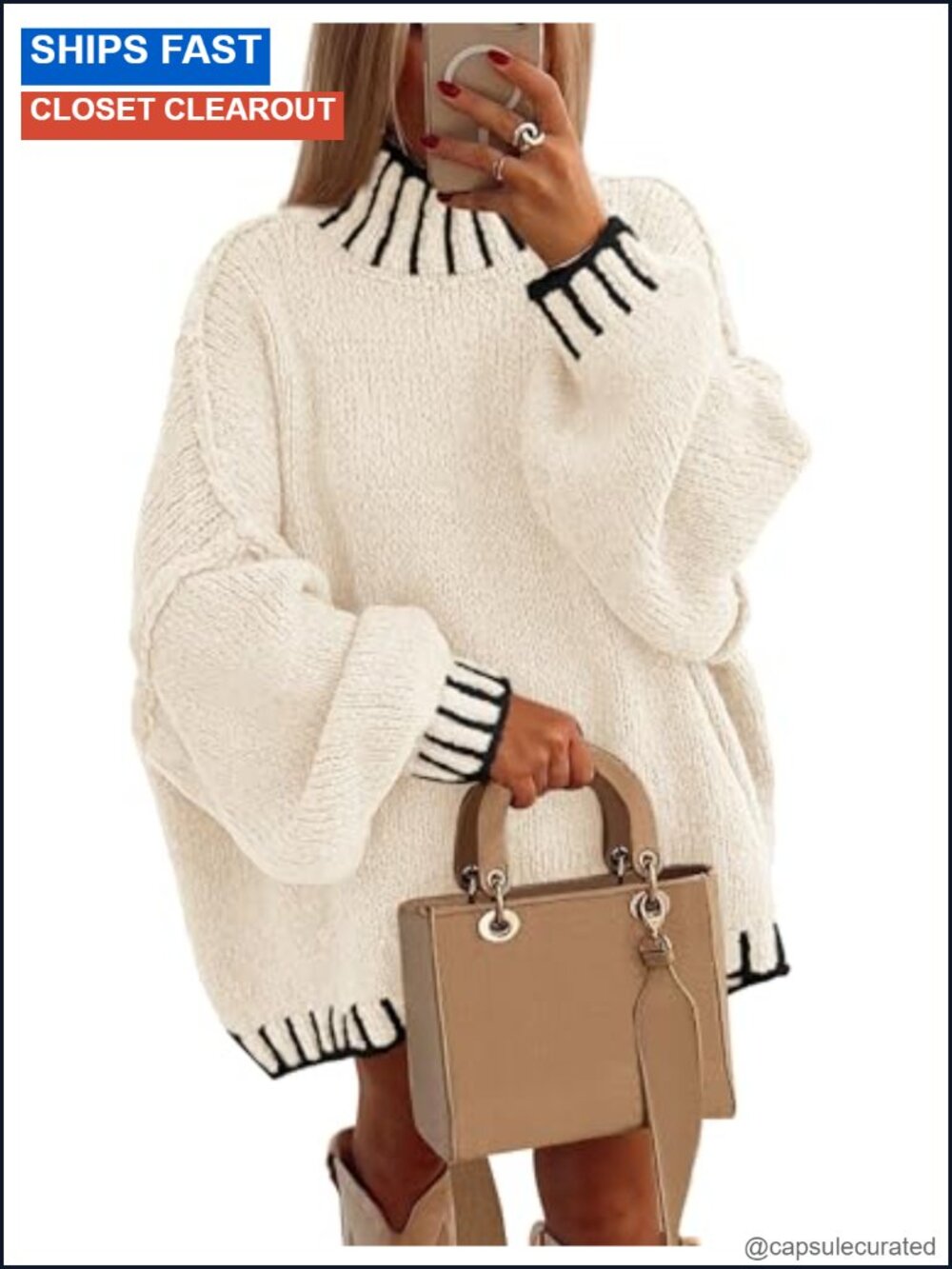Mock Neck Oversized Pullover Sweater Chunky Knit Tunic